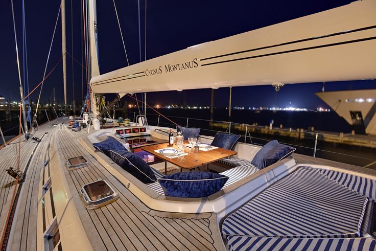 Swan 77 - CYGNUS MONTANUS II - The middle cockpit is away from the working part of the boat providing space for Al fresco dining and plenty of lounging area with overhead boom lighting